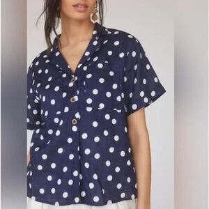 Anthropologie Maeve Navy Blue Polka Dot Button-Down Shirt